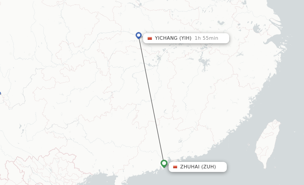 Flights from Zhuhai to Yichang route map