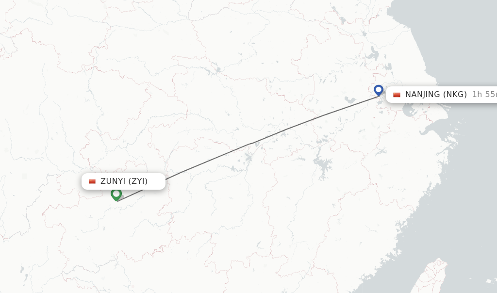 Flights from Zunyi to Nanjing route map