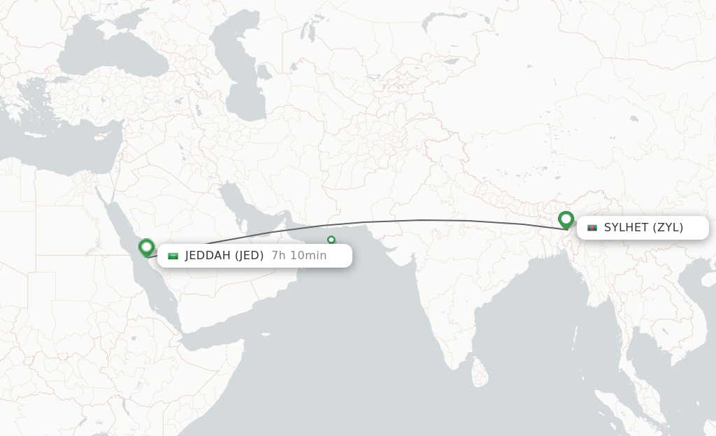 Flights from Sylhet to Jeddah route map