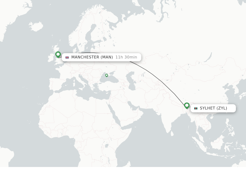 Flights from Sylhet to Manchester route map